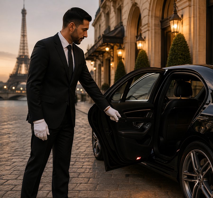 Chauffeur AA Prestige VTC ouvrant la portière d’une berline Mercedes à Paris