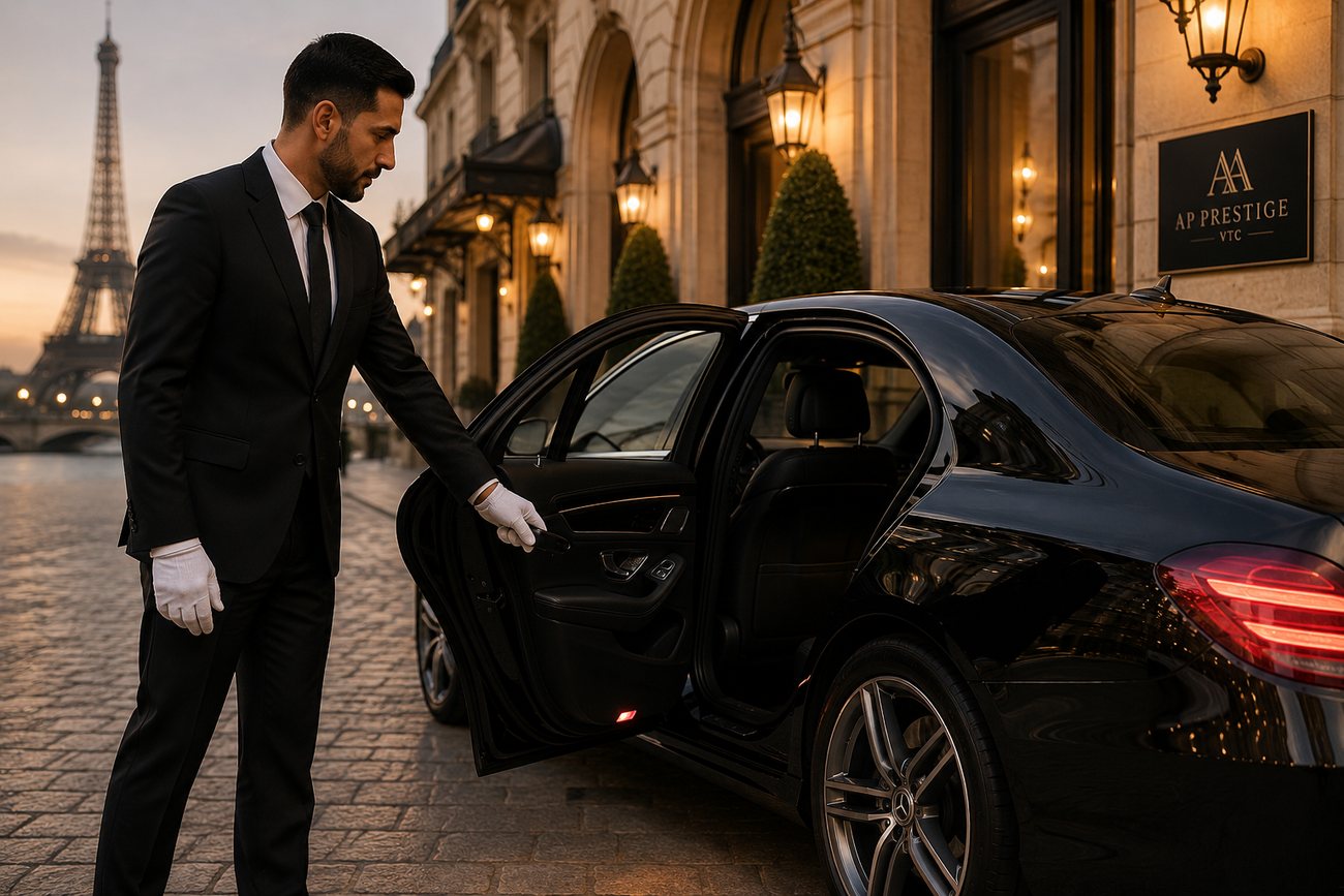 Chauffeur AA Prestige VTC devant un palace parisien