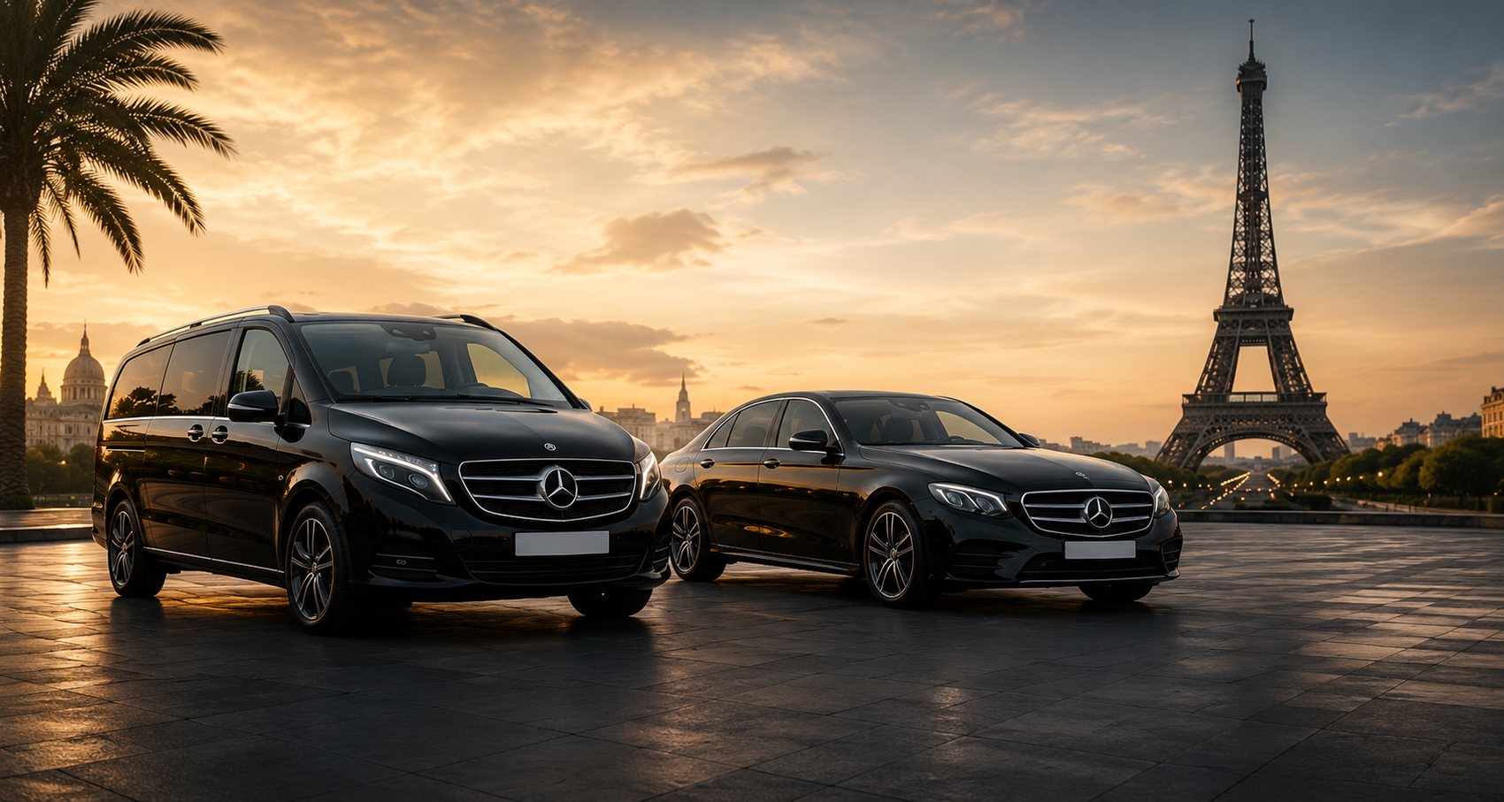 Mercedes Classe V et Classe E devant la tour Eiffel au coucher du soleil